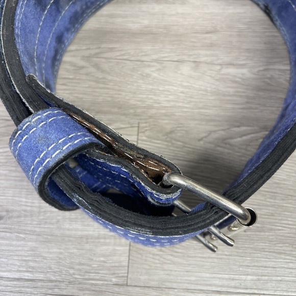 Vintage Thick Double Suede Powerlifting Belt Blue Two Prong - Picture 3 of 9